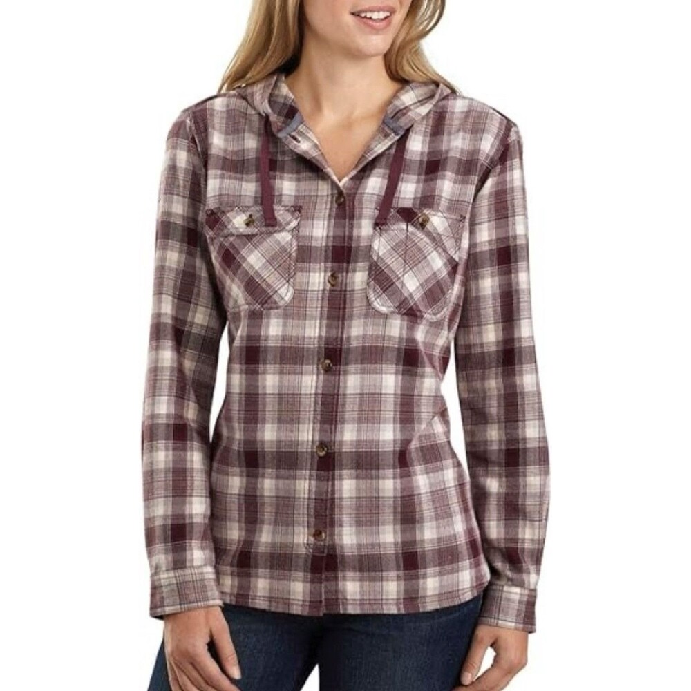 Carhartt Hooded Flannel Button Up Shirt Womens M Plaid Pockets
